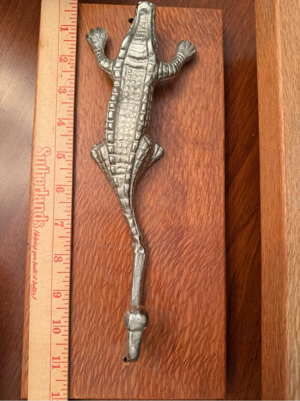 Vintage Cast Aluminum Alligator Wall Hooks on Wood Plaques - Matching Pair
